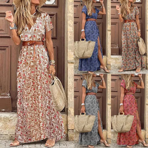⭐Mujeres Boho Floral Cuello en V Maxi Vestido Damas Verano Informal Vacaciones Solero Talla - Imagen 4 de 30