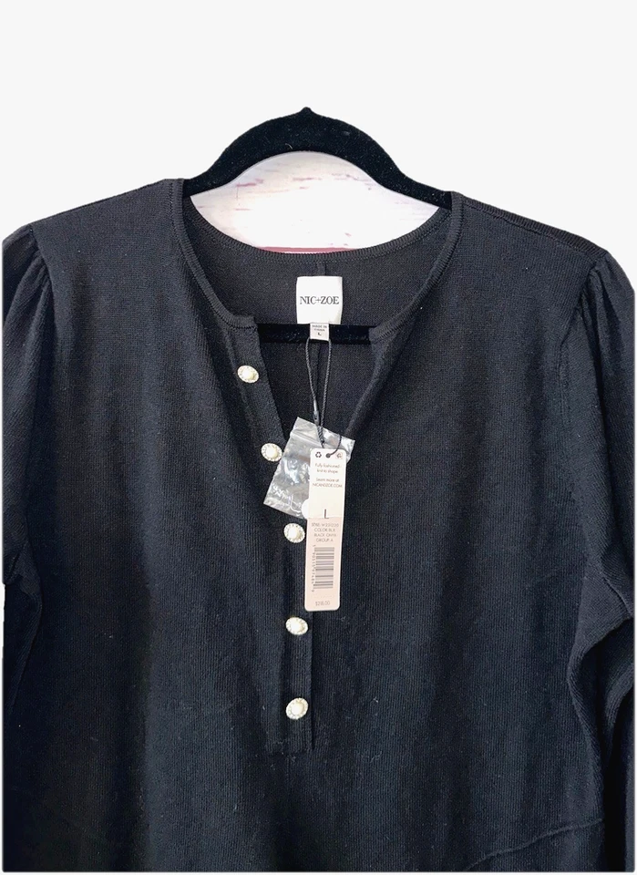 Vestido NIC+ZOE Talla L Elástico Tejido Botón Acento Rodilla Línea A Nuevo con Etiquetas $218 Negro Foto 2 de 4