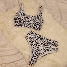 White Black Peach Leopard Print Shoulder Strap High Waist Bikini Set Medium Md M