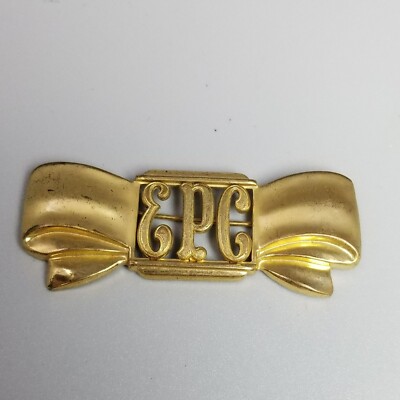 Vintage Monocraft E.P.C Monogram Letter Gold Tone Brooch Pin Bow Shape, Signed