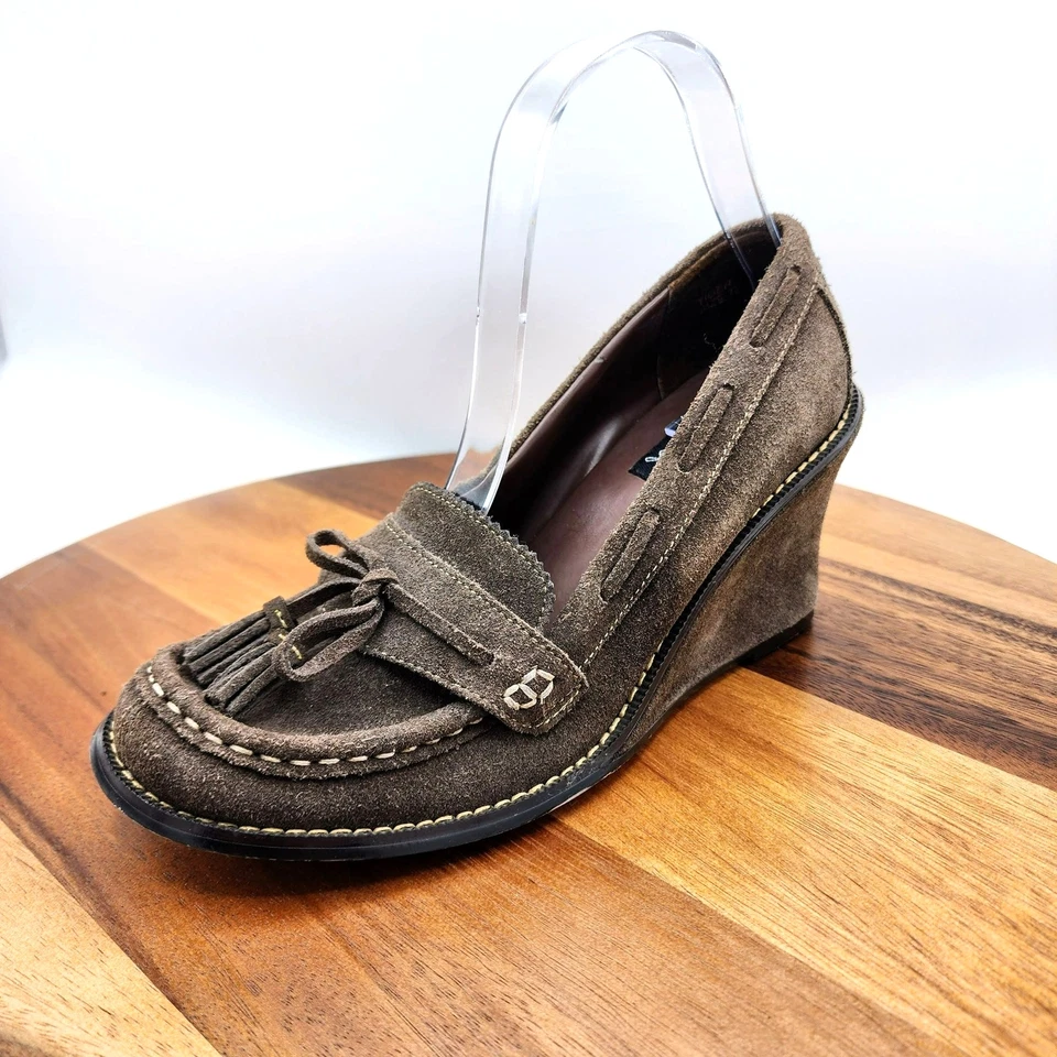 Mocasines de cuña apilados Yellow Box Tiger 7,5 cuero gamuza marrón chocolate años 90 Y2K Foto 2 de 4