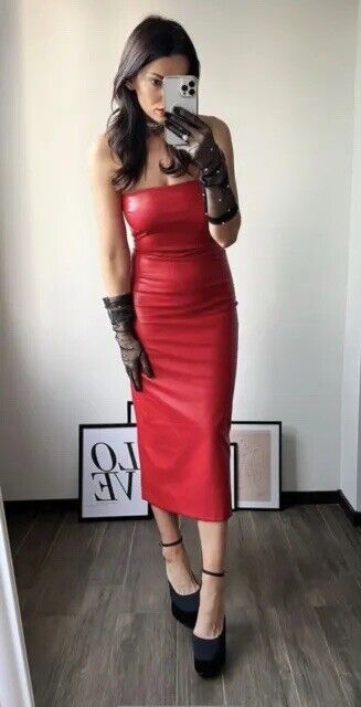 ZARA WOMAN NEW RED FAUX LEATHER STRAPLESS LONG DRESS SIZE XS ZARA WOMAN NEW RED FAUX LEATHER STRAPLESS LONG DRESS SIZE XS