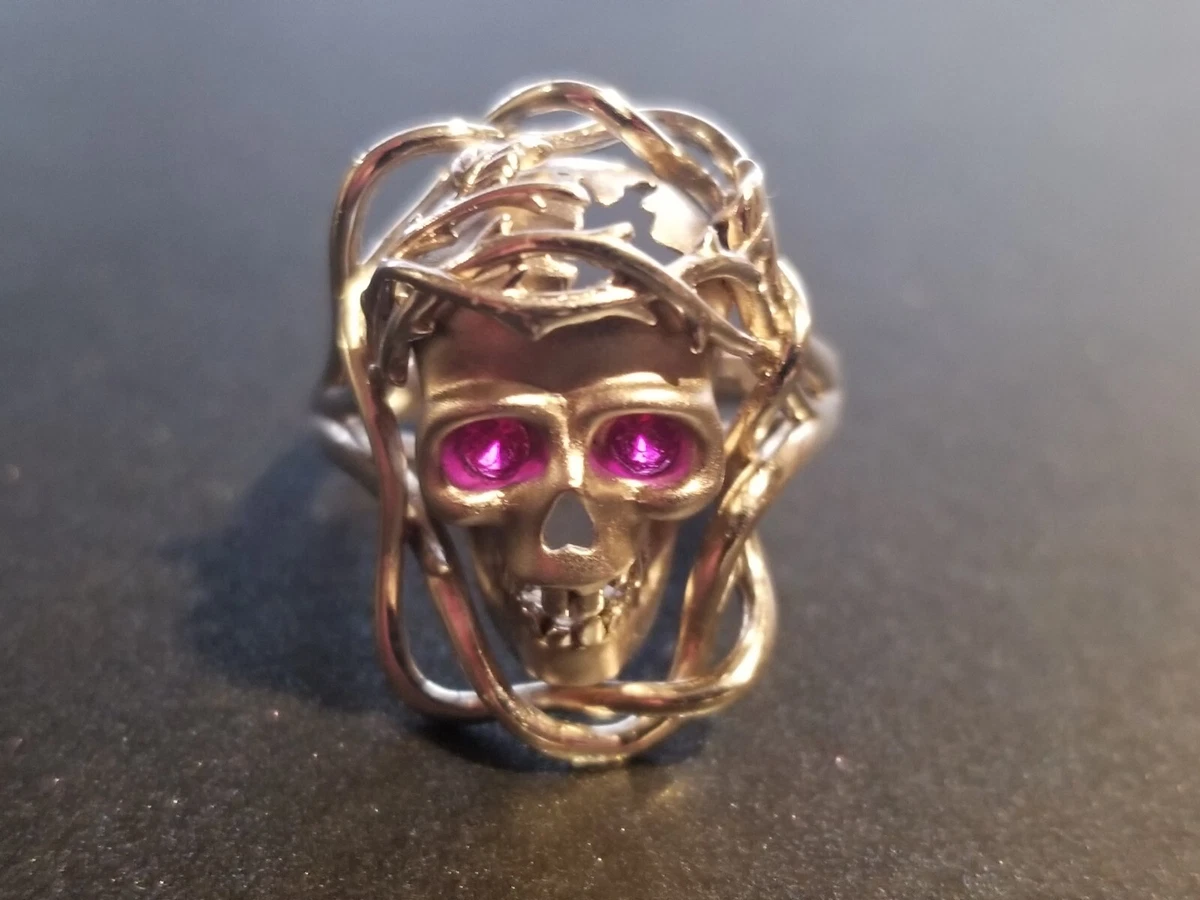 JEULIA Sterling Silver 925 SKULL Ring w pink eyes Size 9