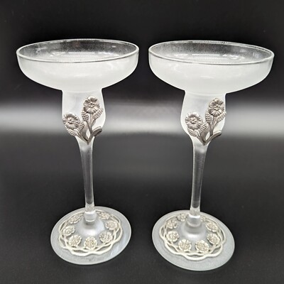French Glass Candle Holders Set of 2 Applied Pewter Floral Frosted France VTG