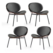 Set of 4 Walnut Shell Dining Chair Upholstered Side Chair Lounge Chair  Leather