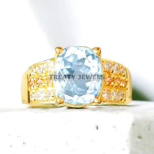 Aquamarine Oval Cut With 925 Sterling Silver Gold Plated Ring For Men's #A182 *