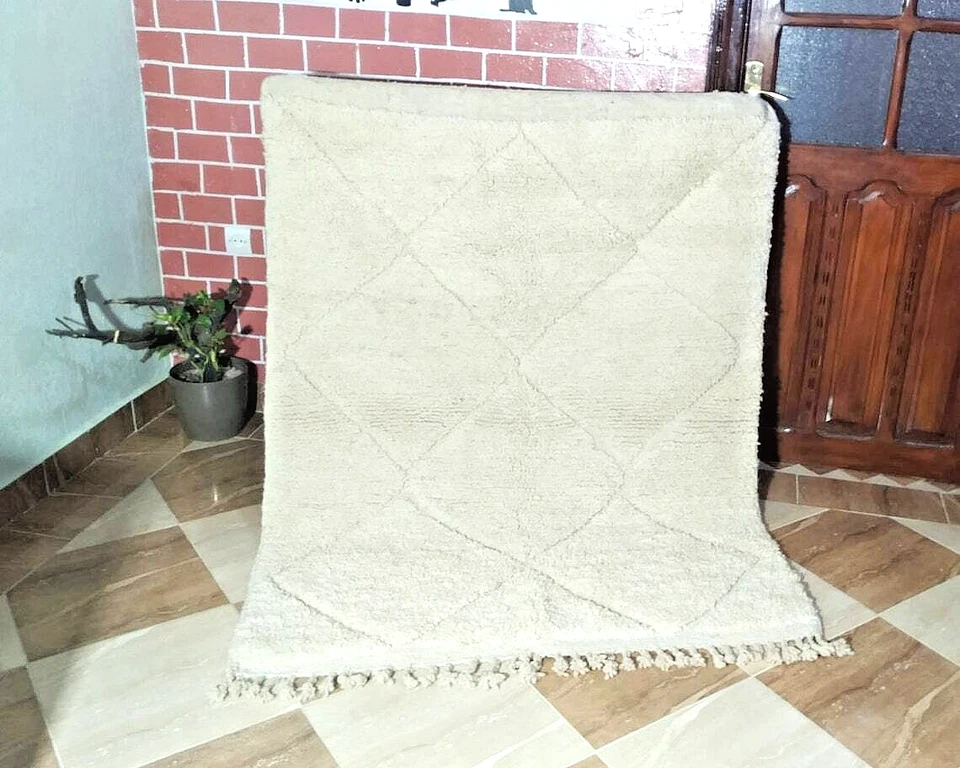 Moroccan Area Rug - 100% Soft Wool, 3x5 ft, Natural Off-White, Authentic Rug - Image 2 of 4