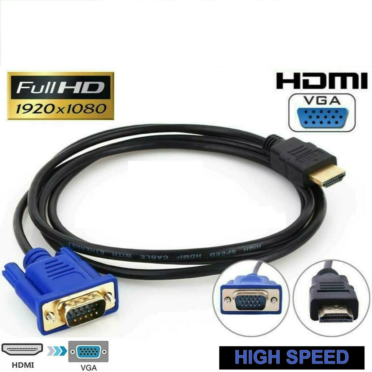 línea heroico Poesía Adaptador HDMI macho a VGA macho Cable Convertidor de Video para PC TV  1080p 6FT | eBay