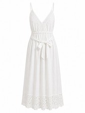 White Waves Womens White Cotton Eyelet Midi Dress With Adjustable Straps & Belt
