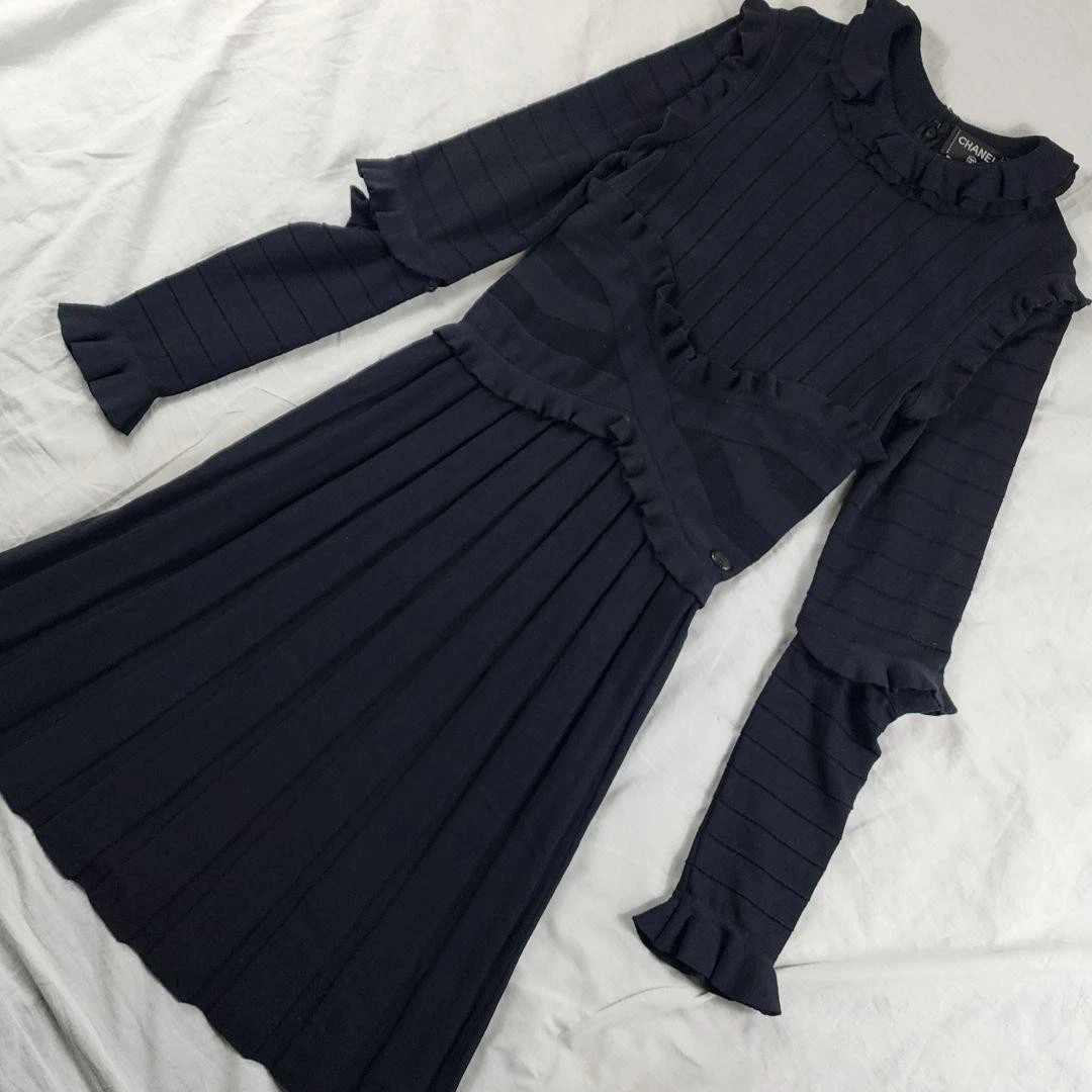 Abito lungo CHANEL CC logo maglia plissettato volant lana nero 34 XS 84770c