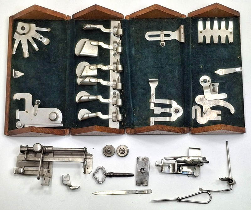 Antique 1889 Singer Oak Sewing Puzzle Box with Machine Attachments & Key