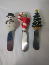 Snowmen Christmas Tree Candy Cane Cheese Knives Spreaders Set Stainless