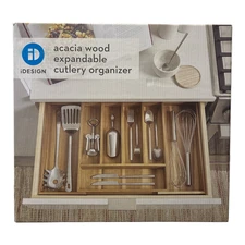 iDesign Acacia Wood Expandable Flatware and Cutlery Organizer Tray, Natural
