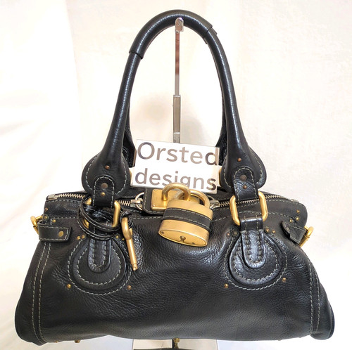 Chloe Paddington Handbag Shoulder Bag Key Padlock Black Leather w/DustBag Auth