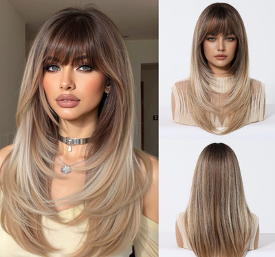 Long Straight Gradient Brown Synthetic Hair Wigs With Bangs Women Soft Natural