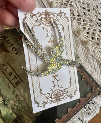 Iridescent Rhinestone Covered Swallow Bird Brooch With Dangling Ball