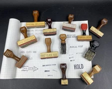 12 Vtg Rubber Stamps Office Desk  Mixed Lot Ink Wood Handles Just Rite KC, MO