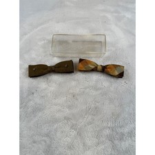 Vintage Clip On Bow Tie Set Brown Plaid Embroidered Rust Resistant Ormond 2pc