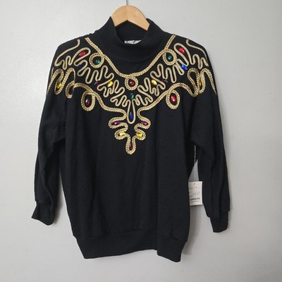 Vtg Adolfo Collectibles Black Ornante Jeweled Braided Sweater Size Womems Small 