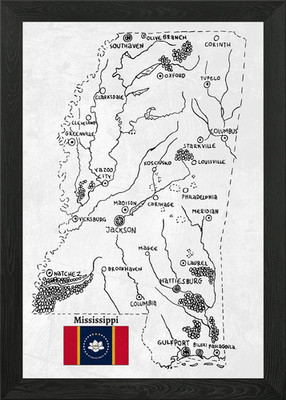 Hand Drawn Map of Mississippi Framed Wall Art Poster Canvas Print Picture