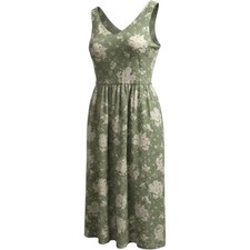 Vintage Green Floral V-Neck Sleeveless Lined Pockets Midi A-Line Dress hadmade