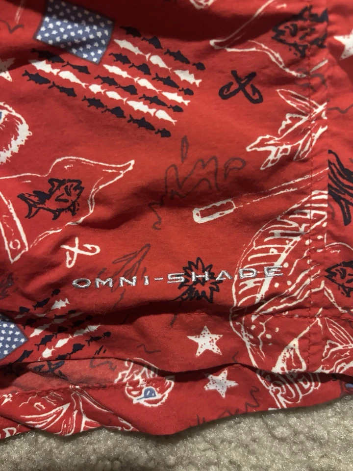 Pantalones Cortos de Pesca Columbia PFG Omni-Sombra Para Hombres Medianos Rojo EE. UU. Estampado de Peces Foto 2 de 4