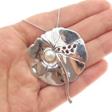 HAGIT GORALI Sterling Vintage Israel Real Pearl Floral Box Chain Necklace 28"