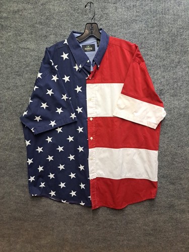 Camicia bandiera americana testa rossa cotone bottoni SS uomo XL USA pennello popper