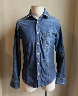 DSQUARED² RUNWAY RARE PATCHED BLUE DISTRESSED DENIM SHIRT M 50 VINTAGE COLLECTOR