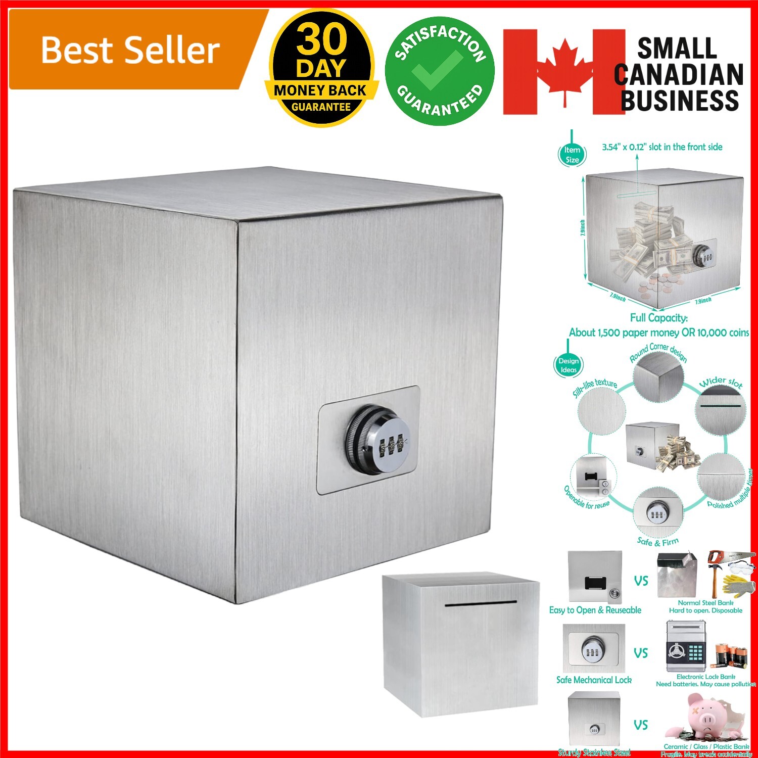 S L1600 Stainless Steel Piggy Bank Large Capacity Locking Money Saver Safe Box