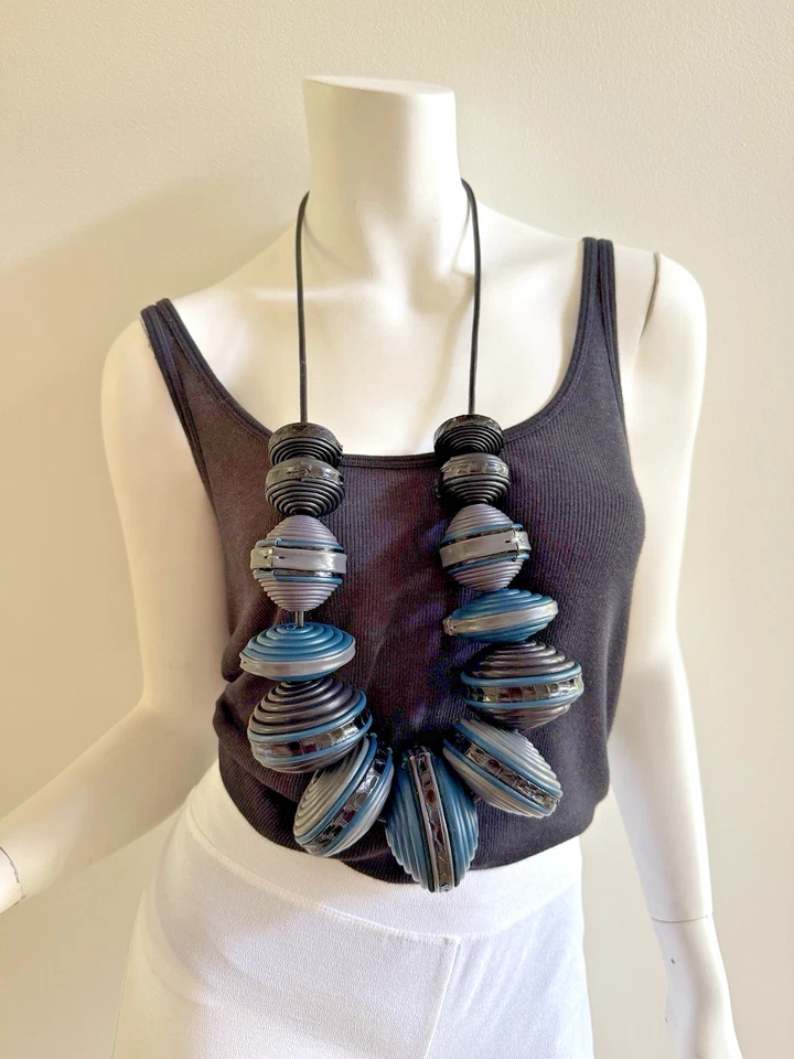 Giulia Boccafogli Chunky Leather Statement Necklace, Black/Blue/Gray