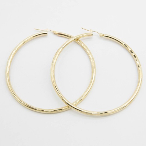 3mm X 65mm 2 1/2" Diamond Cut Shiny Plain Hoop Earrings Real 10K Yellow Gold - Picture 4 of 6