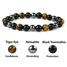 Triple Protection Obsidian Tiger Eye Hematite 8mm Beads Healing Woman Bracelet