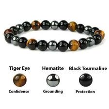 Triple Protection Obsidian Tiger Eye Hematite 8mm Beads Healing Woman Bracelet