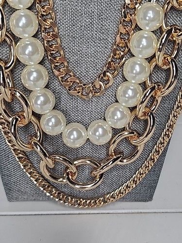 NATASHA Multi Strand Gold Tone Faux Pearl Statement Chunky Necklace Christmas - Picture 3 of 12