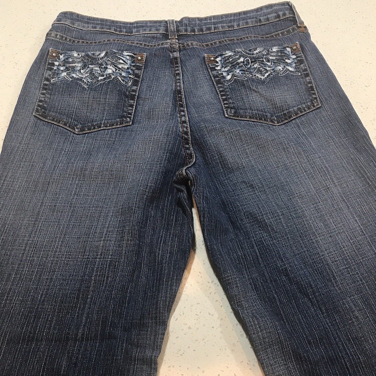 Kikit Womens Jeans Sz 12 Flared Blue Denim Embroidered Pockets