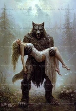 WEREWOLF CARRYING WOMAN FANTASY ART PRINT, Gothic Romance Decor, Forest Poster