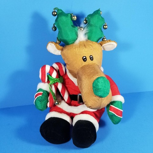 Vintage Christmas Reindeer Nylon Puffalump Style Plush 10" with Bells Santa Suit - Picture 2 of 6