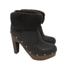 Elie Tahari Women's Ankle Boots Brown Leather Shearling Wood Block Heel Zip 9