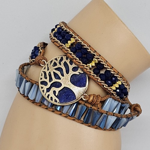 Blue Bracelet Tree of Life Lapis Lazuli Crystal Glass Beaded Beige Leather Wrap - Picture 12 of 18