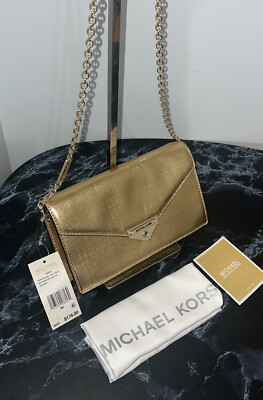 MICHAEL KORS Grace Medium Metallic Leather Envelope Gold Clutch