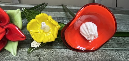 Vintage Murano Stil mundgeblasene Glas Blumen 4er Set langer Stiel - Bild 9 von 11