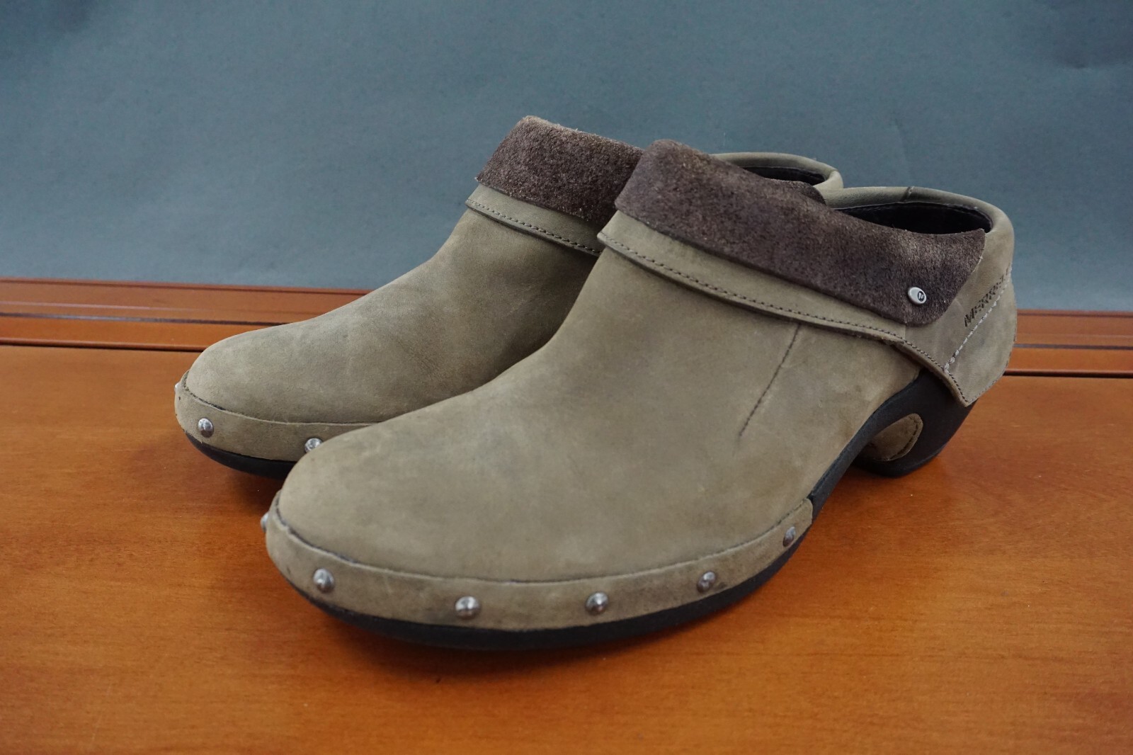 Zoccoli Merrell Drizzle donna 9 5 sheos pelle marrone slip on casual tacco borchiato