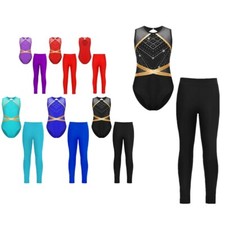 Kids Girls Dance Outfits Sheer Mesh Patchwork Bodysuit With Leggings Yoga