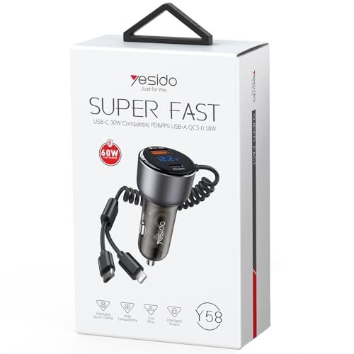 60W Super Fast Car Charger - Zinc Alloy Car Charging Adapter with 4FT Built