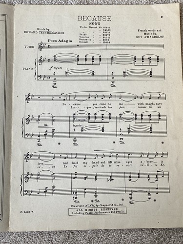 1902 BECAUSE Vintage Sheet Music by d'Hardelot, Teschemacher MED VOICE Key of Bb - Picture 4 of 9