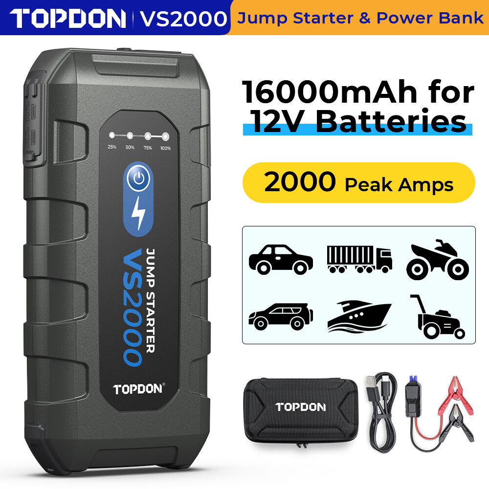 NEW! TOPDON VS2000 2000A USB Car Jump Starter Booster Pack 16000mah Power Bank