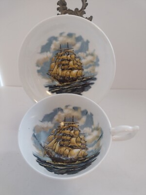 Segelschiff Teetasse und Untertasse, ohne Herstellermarke, Transferware. Maritim, Schiff.