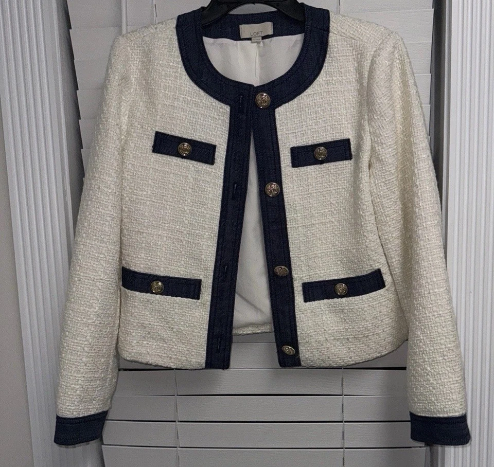 Chaqueta vaquera de tweed LOFT con escudo abotonada talla XS NUEVA SIN ETIQUETAS Foto 3 de 4