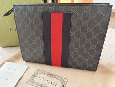 Gucci GG Supreme Clutch Webstreifen Reißverschluss Grau Rot/Blau, Neu in OVP